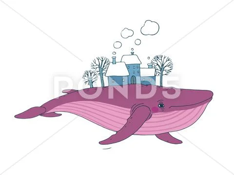 Big beautiful whale with houses and trees in the back Stock Illustration
