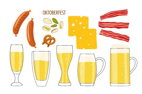 Big Beer set. Vector different beer mugs and snacks, Bavarian sausages, pretzel Stock Illustration
