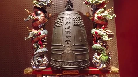 Big Bell, Inside Hundred Dragon Hall, Buddha Tooth Relic Temple, Singapore Stock Footage 329285788