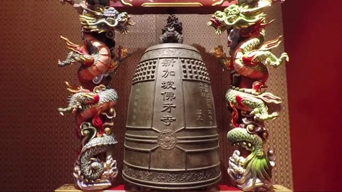 Big Bell, Inside Hundred Dragon Hall, Buddha Tooth Relic Temple, Singapore Stock Footage 329286334