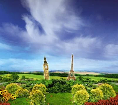 Big Ben and Eiffel tower in the countryside イラスト素材