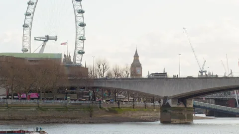 Big Ben and Waterloo Bridge Bus London Stock Footage 331722332