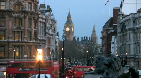 Big Ben clock tower and Houses of Parliament from Whitehall at dusk London Stock Footage 310765