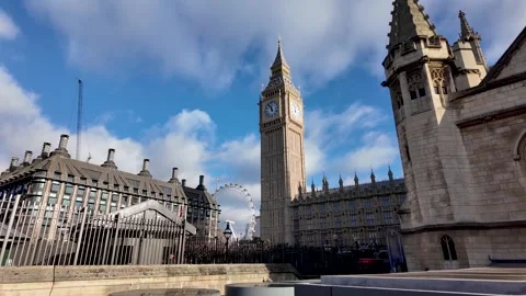 Big Ben Clock Tower And Houses Of Parliament In London England With London Eye Stock Footage 321940850