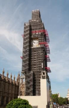 Big Ben clock tower covered by scaffolding for renovation Stock Photos