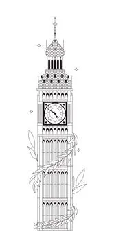 Big Ben clock tower landmark flat line illustration Ilustración de archivo