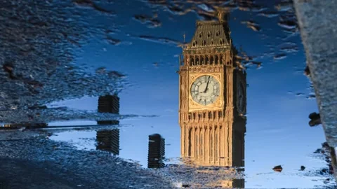 Big Ben Clock Tower Reflection in Puddle at London Video stock 256291504