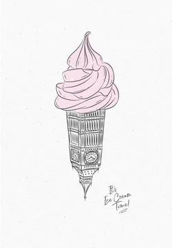 Big Ben clock tower reimagined as surreal ice cream cone poster red Stock Illustration