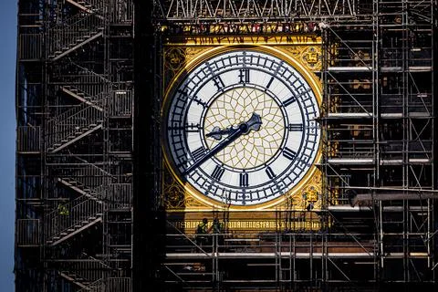 The Big Ben clock tower restored with clock hands repainted Prussian blue, UK Stock Photos