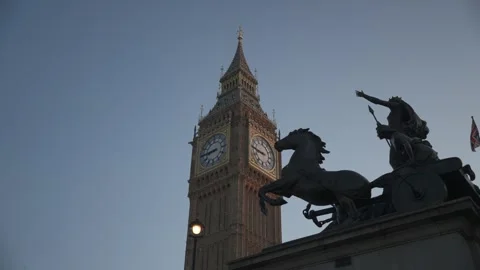 Big Ben Clocktower and Boudiccan Rebellion, Westminster, London, England Stock Footage 243287738