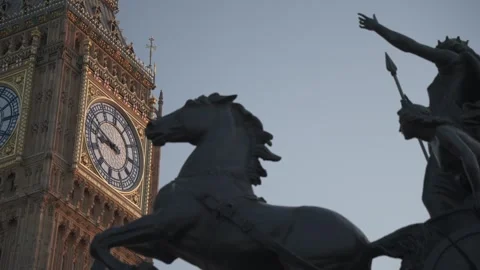Big Ben Clocktower and Boudiccan Rebellion, Westminster, London, England Stock Footage 243288219