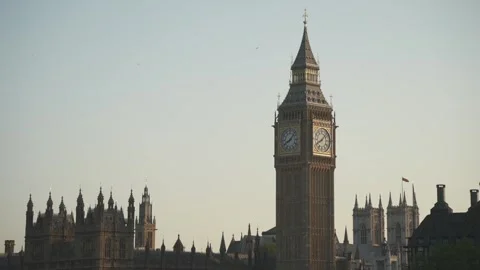 Big Ben Clocktower at sunset from the South Bank, Westminster, London, England Stock Footage 243286568