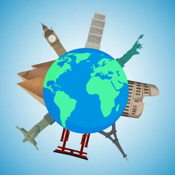 Big Ben, Eiffel Tower, pyramids, Coliseum, Statue of Liberty, Torii 스톡 일러스트