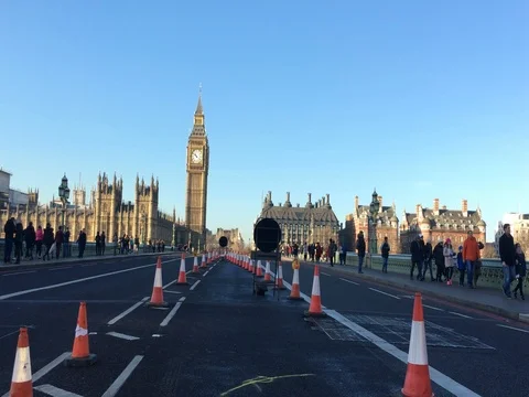 Big Ben London from Westminster Bridge at Roadworks Stock Footage
