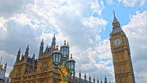 Big Ben Palace of Westminster London color old Stock Footage