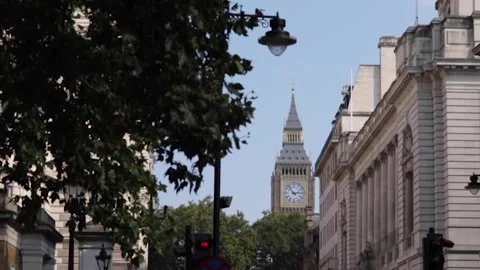 Big Ben peeking though trees and the buildings of Westminster, London Stock Footage 292911605