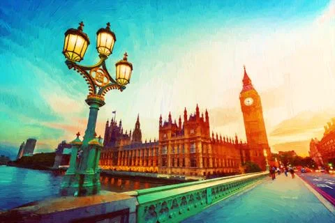 Big Ben seen from Westminster Bridge, London, the UK. at sunset. Retro street Stock Illustration