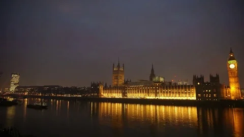 Big Ben Timelapse London Lights On Sunset River Stock Footage 84337927