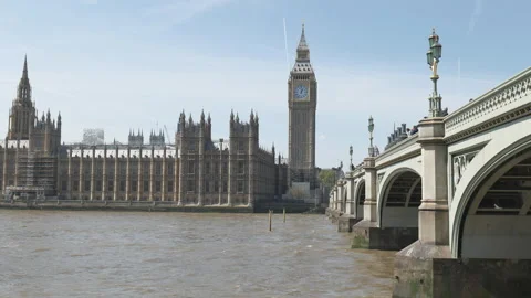 The Big Ben tower across the River Thames. Stock Footage 243034014