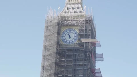 Big Ben under Scaffolding during a Sunny Day in London Stock Footage 293092654