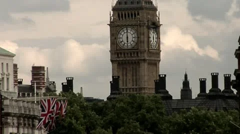 BIG BEN WITH UNION JACK PAN W/BIRD CROSSING Stock Footage 10826416