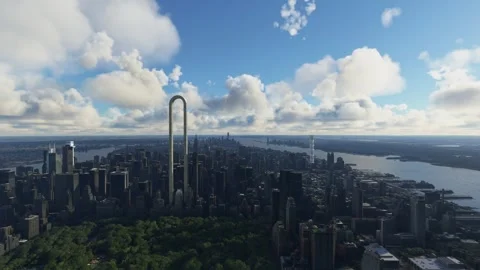The Big Bend - Side aerial view of the futuristic city of New York Stock Footage 248207555