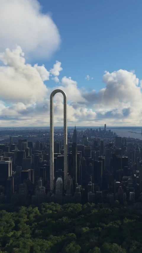 The Big Bend - Side aerial view of the futuristic city of New York Видео 284883635