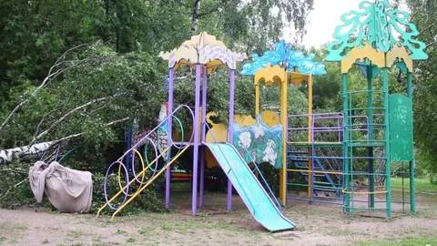 Big birch lying on child slide on playground after storm. Stock Footage 70627544