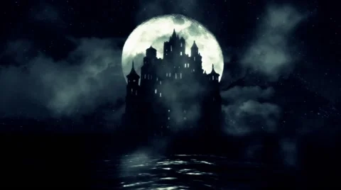 A Big Black Castle Castle Surrounded By Water on a Full Moon Night Stock Footage 59989442