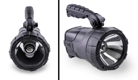 The Big black flashlight with comfortable handle Stock Photos