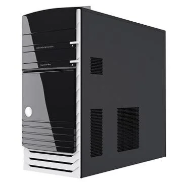 Big black gaming computer case mostly of steel. 3d graphic Illustrazione stock