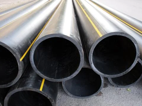 Big black pipe of large diameter closeup from PVC for repair Stock Photos
