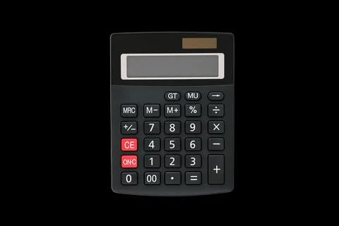 Big black rectangular calculator with solar panel and two red buttons isolate 写真素材