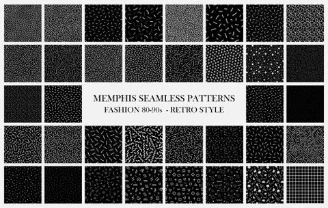 Big black vector collection of memphis seamless patterns. Fashion design 80-90s Stockillustratie