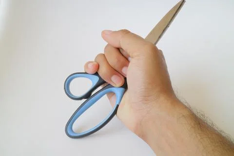 Big blue and black scissors on white isolated background 스톡 사진