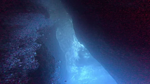 Big Blue and bubbles in the Inland Sea tunnel -  Scuba diving  Gozo Stock Footage 314614784
