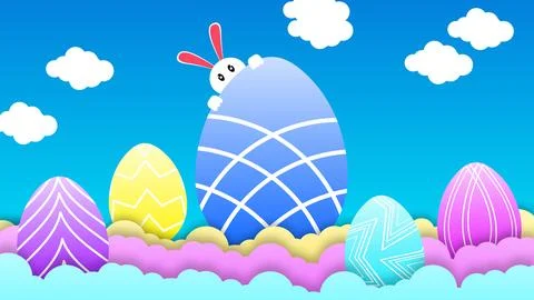 Big blue egg on clouds and half little bunny concept image Illustrazione stock