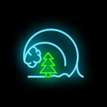 Big blue neon wave breaking near small green neon pine tree Illustrazione stock