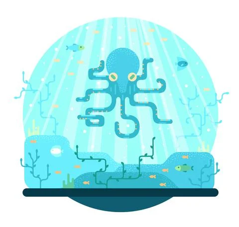 Big blue octopus - flat vector illustration, aquatic fauna. Stock Illustration