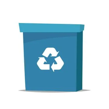 Big blue recycle garbage can with recycling symbol on it. Trash bin in cartoo Stock Illustration