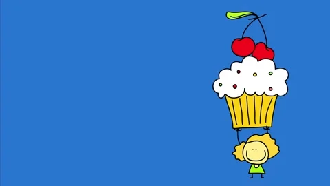 Big blue screen with a tiny drawing of a blond girl holding up a big cupcake Stock Footage 131682350