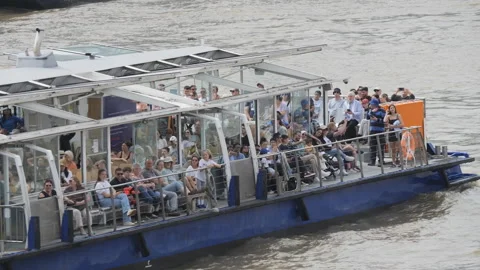 A big boat transporting passengers across a river. Stock Footage 281787403