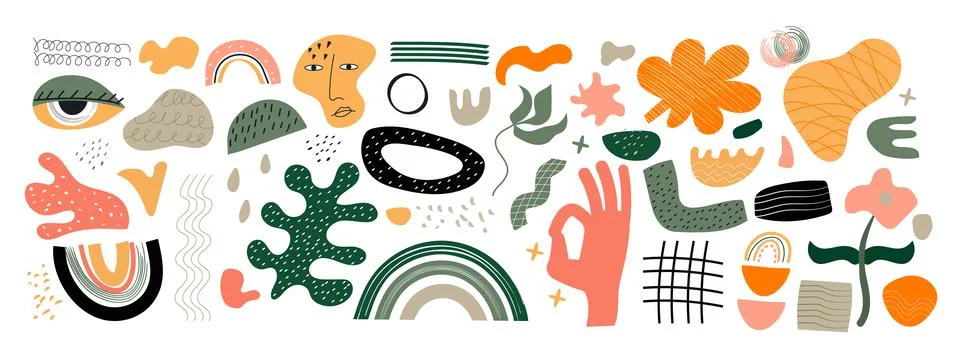 Big boho set vector in hand drawn style. Different spots, shapes. Hand, leave Stock Illustration