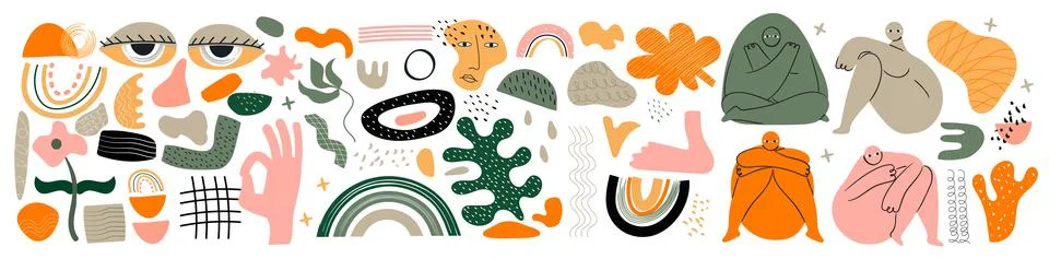Big boho set vector in hand drawn style. Different spots, shapes. Hand, leave Stock Illustration
