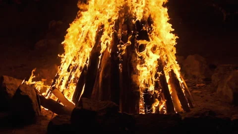 Big Bonfire Burning at Night. Fire Flame Background. Slow Motion 240 fps Video stock 139370025