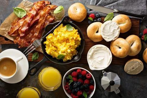 Big breakfast with bacon and scrambled eggs Stock Photos