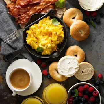 Big breakfast with bacon and scrambled eggs Stock Photos