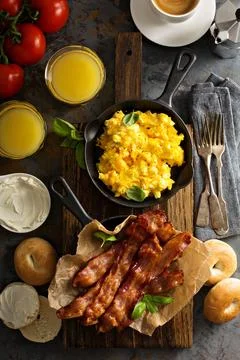 Big breakfast with bacon and scrambled eggs Stock Photos