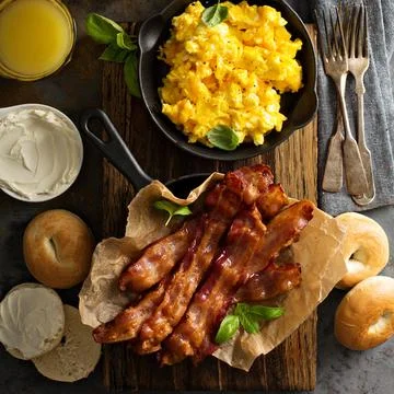 Big breakfast with bacon and scrambled eggs Stock Photos