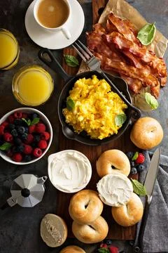 Big breakfast with bacon and scrambled eggs Stock Photos